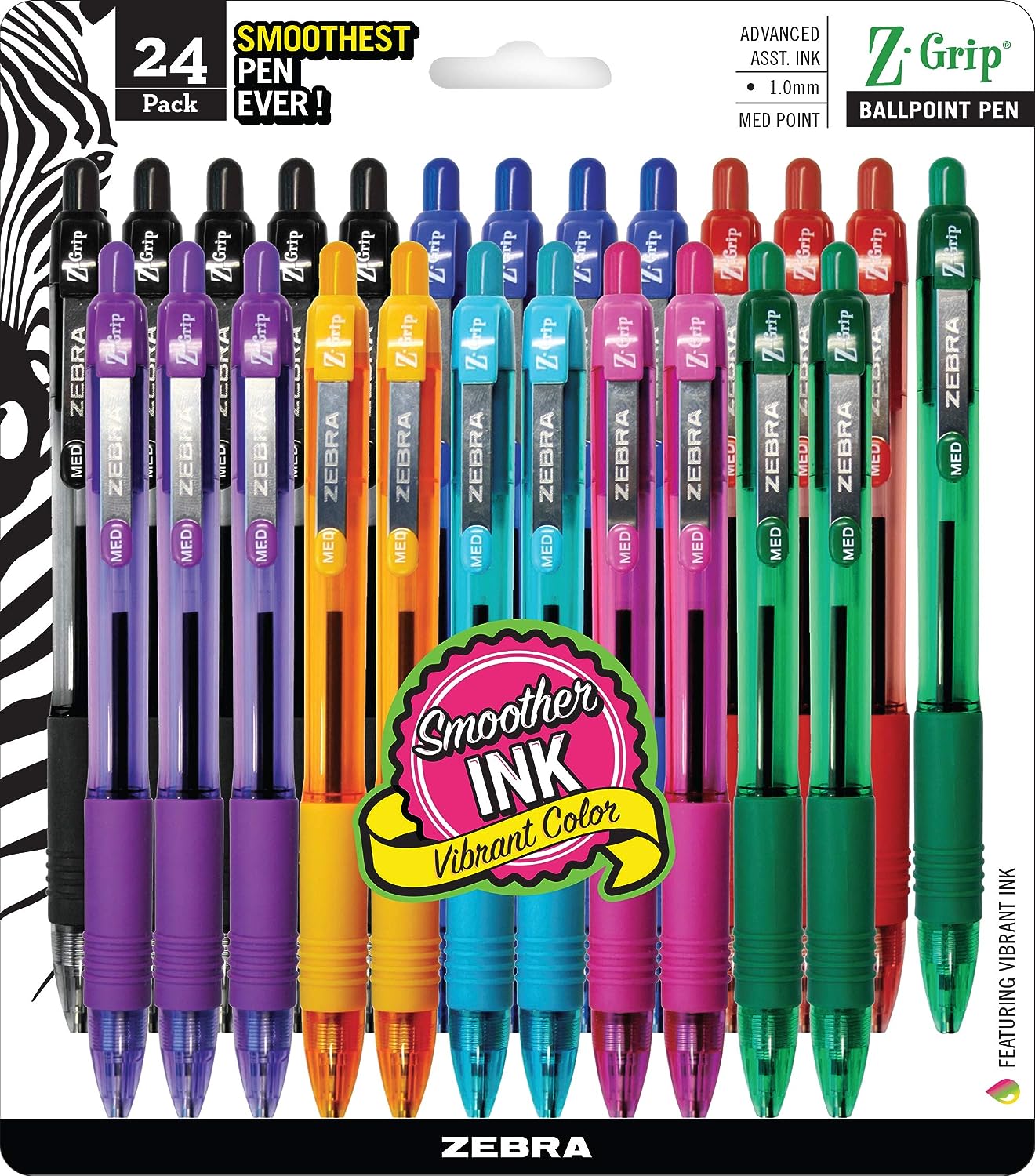 Zebra Pen Z-Grip Retractable Ballpoint Pen, Medium Point, 1.0mm, Assorted Colors